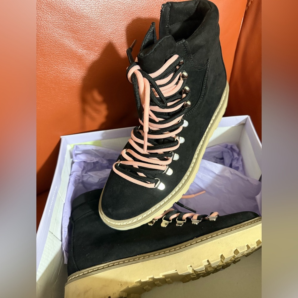 Black Suede Lace-Up Wedge Boot with Pink Laces